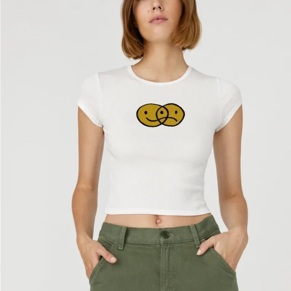 Reformation White Crop Top with Yellow Smiley Design